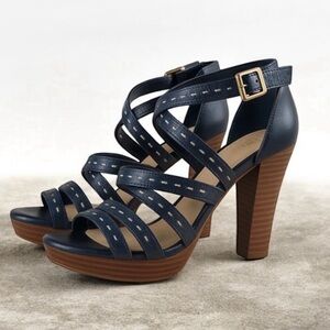 UGG Navy Leather Platform Heels W10/ Wooden Stacked Heel Sandals